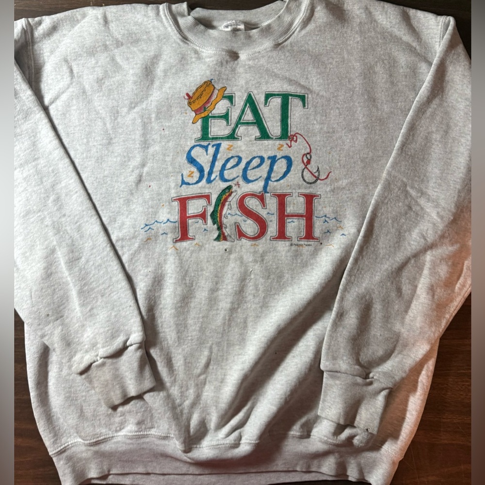 Vintage 1990's Eat Sleep Fish Sweatshirt Crewneck Men's XL Funny Novelty USA